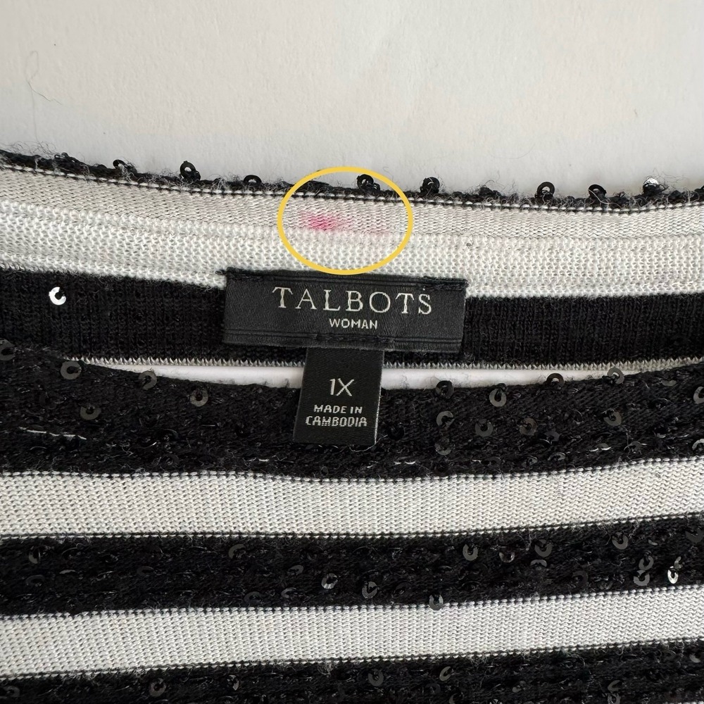 Talbots Black White Striped Sequin Sweater 3/4 Sleeve 1X Holiday NYE Festive‎ - Picture 2 of 8